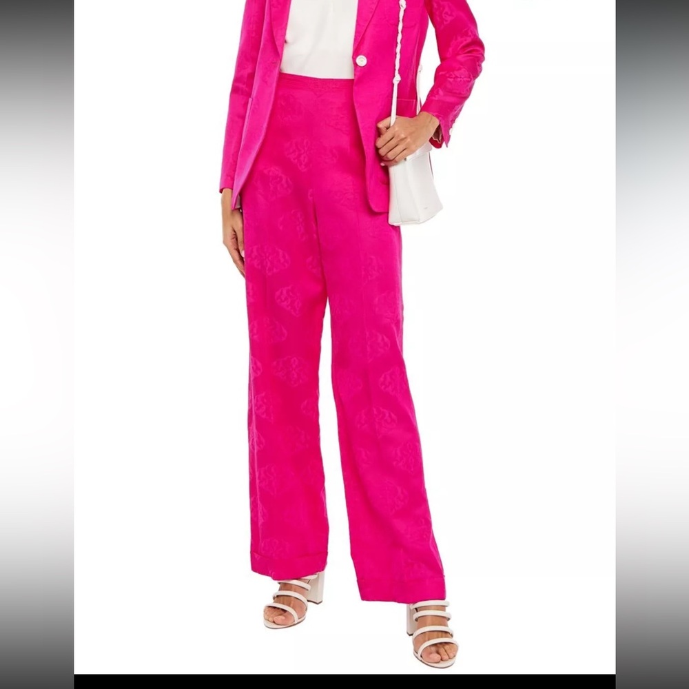 SANDRO Jacquard Trousers FR36 US4 UK8 S Linen Blend Pink Turn-Up Cuffs $212